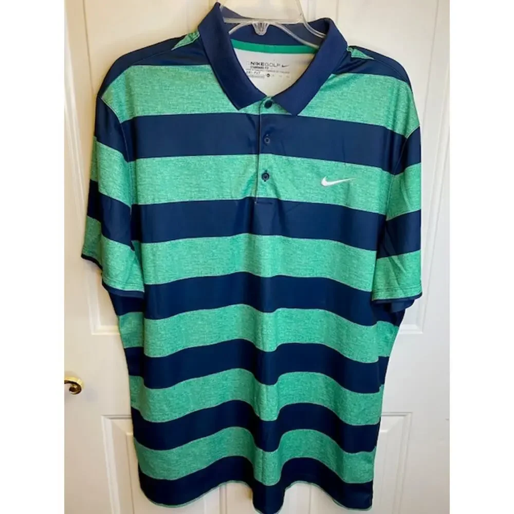 Nike Mens Polo‎ Dri-Fit XL Navy Green Striped Golf Preppy Loungewear Shirt